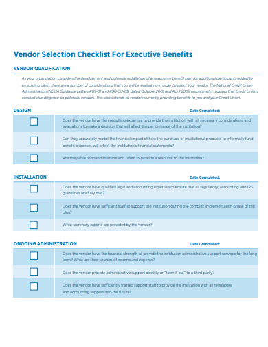 executive benefits vendor selection checklist template