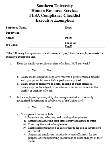 executive exemption compliance checklist template