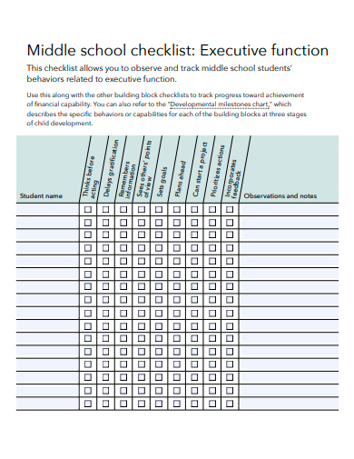 executive function middle school checklist template