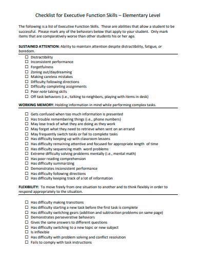 executive function skills checklist template