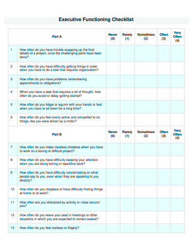 executive functioning checklist template