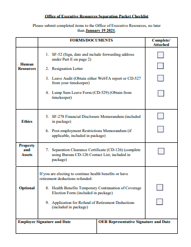 executive resources separation packet checklist template