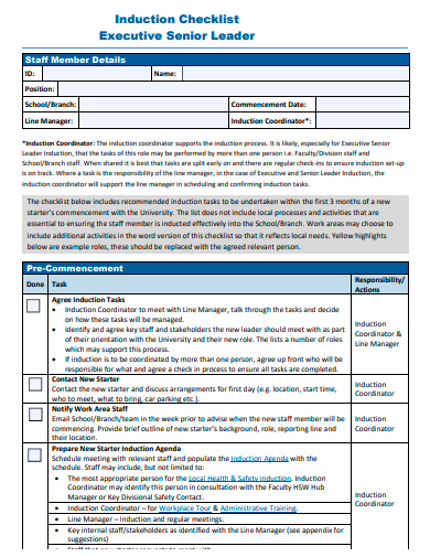 executive senior leader induction checklist template