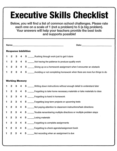 executive skills checklist template