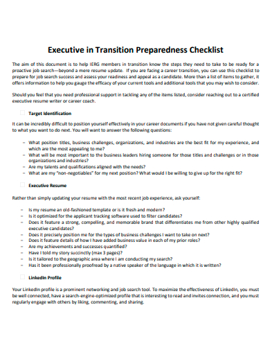 executive in transition preparedness checklist template