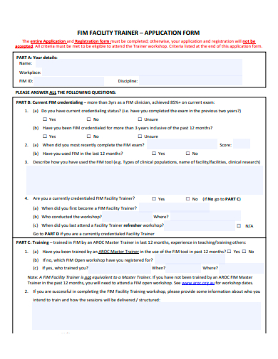 facility trainer application form template