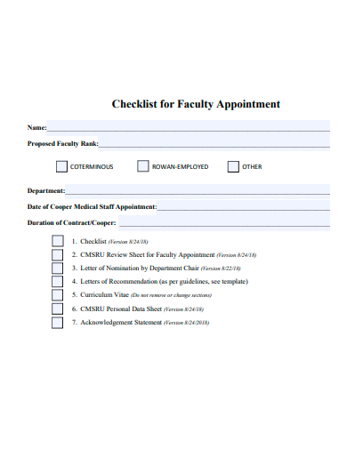 faculty appointment checklist template
