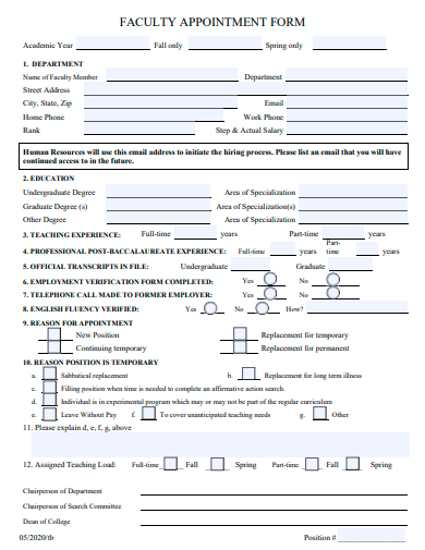 faculty appointment form template