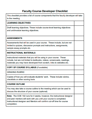 faculty course developer checklist template