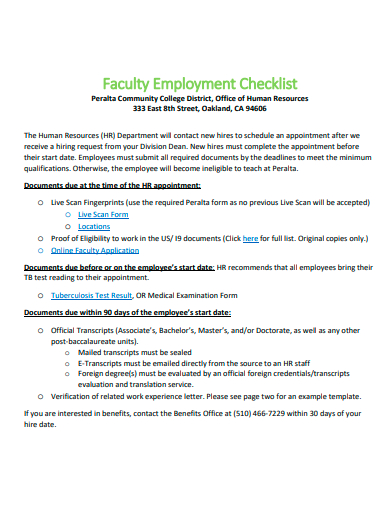 faculty employment checklist template