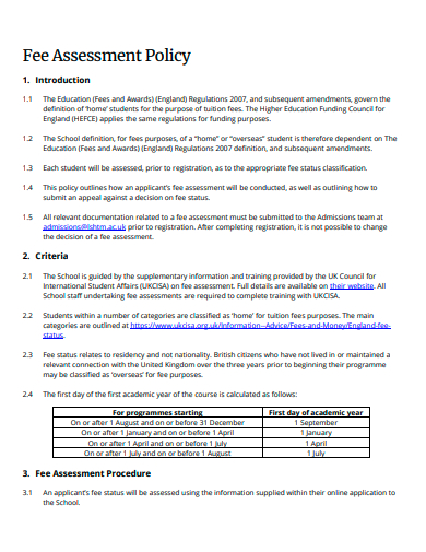 fee assessment policy template