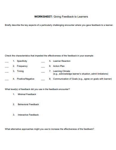 feedback to learners worksheet template