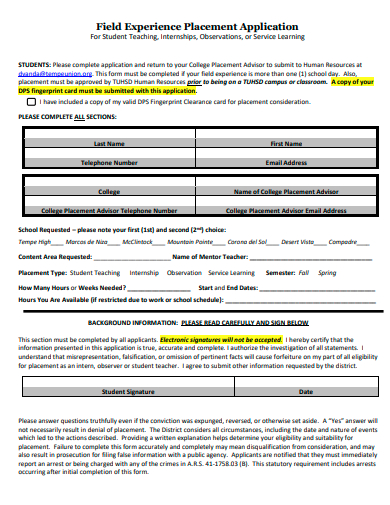 field experience placement application template
