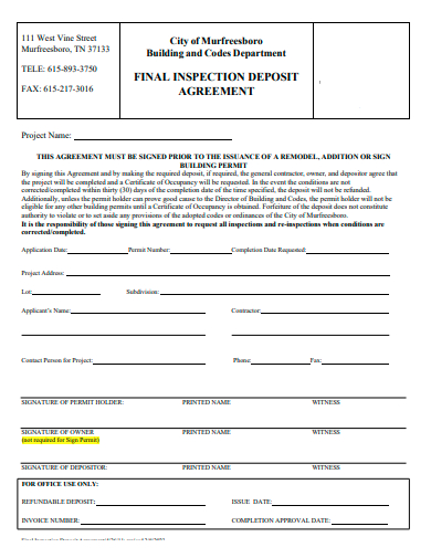 final inspection deposit agreement template