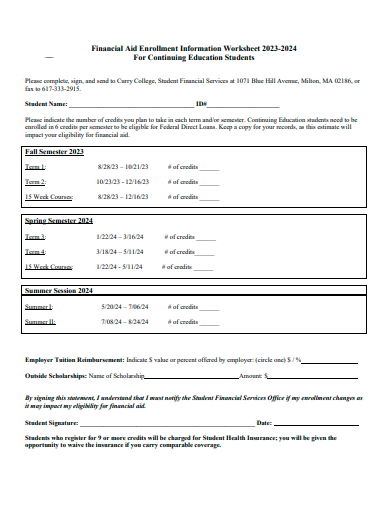 financial aid enrollment information worksheet template