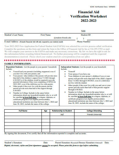 financial aid verification worksheet template