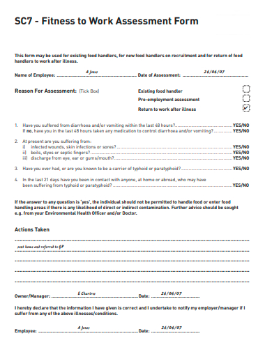fitness to work assessment form template