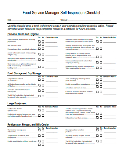 food service manager self inspection checklist template