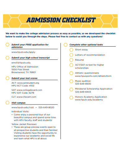 formal admission checklist template