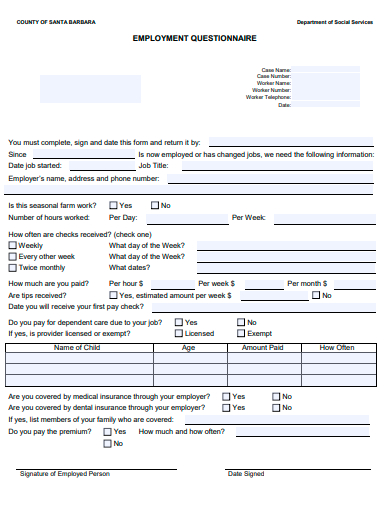 formal employment questionnaire template
