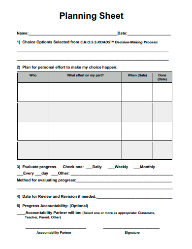 formal planning sheet template