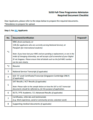 full time programme admission checklist template