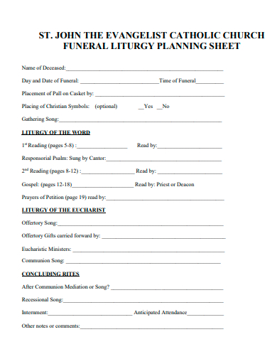 funeral planning sheet template