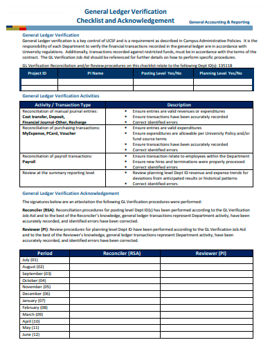 general ledger verification checklist and acknowledgement template