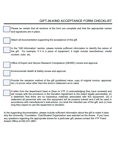gift in kind acceptance form checklist template