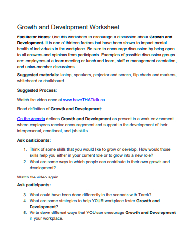 growth and development worksheet template