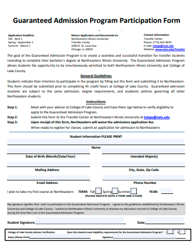 guaranteed admission program participation form template
