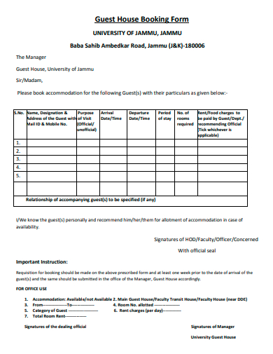 guest house booking form template