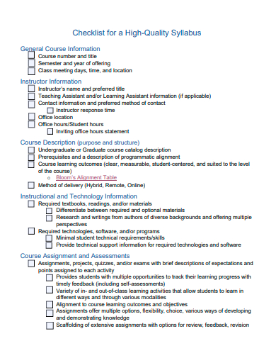 high quality syllabus checklist template