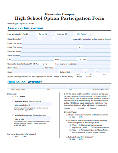 high school option participation form template