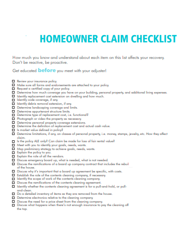 home owner claim checklist template