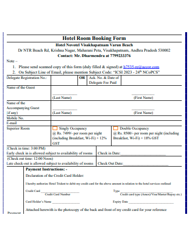 hotel room booking form template