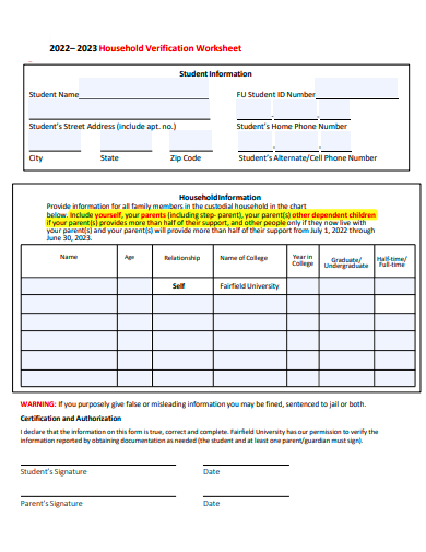 household verification worksheet template