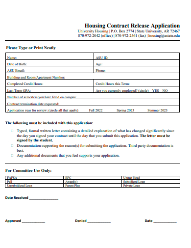 housing contract release application template