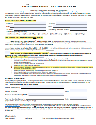 housing lease contract cancellation form template