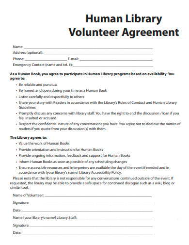 human library volunteer agreement template