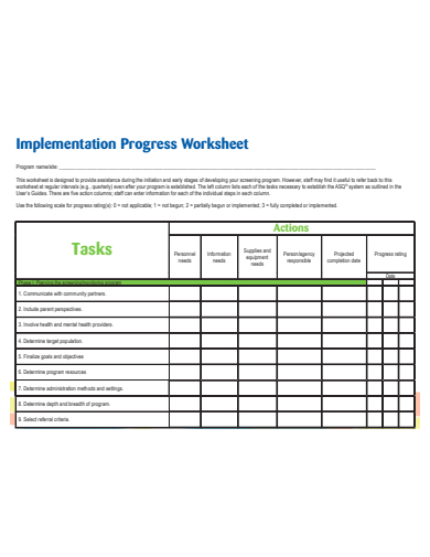 implementation progress worksheet template