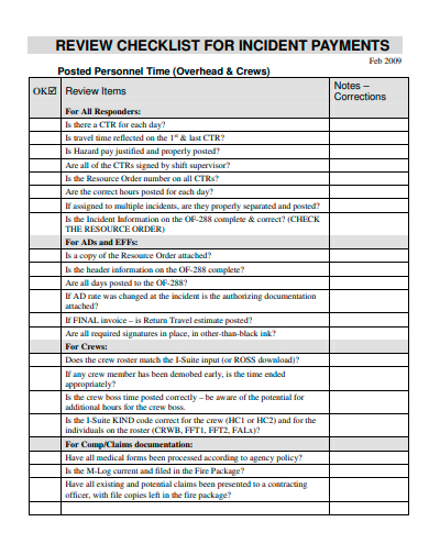 incident payments review checklist template