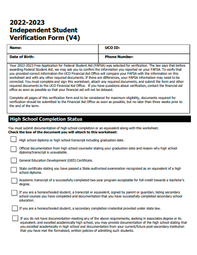 independent student verification worksheet template