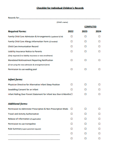 individual childrens records checklist template