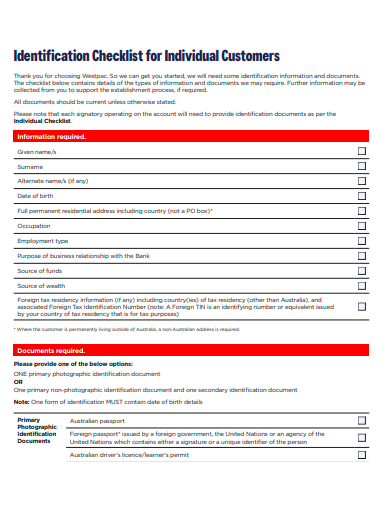 individual customers identification checklist template