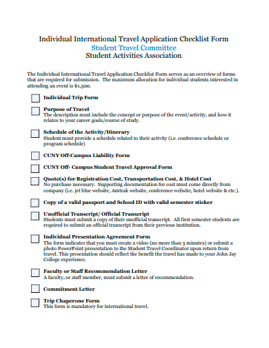 individual international travel application checklist template