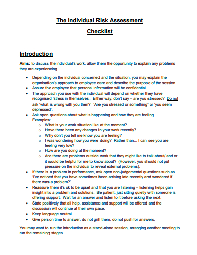 individual risk assessment checklist template