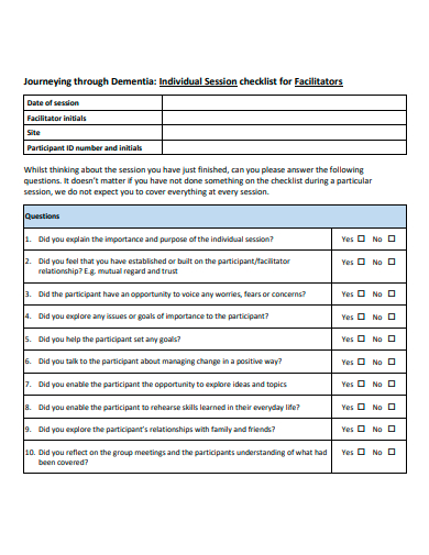 individual session checklist template