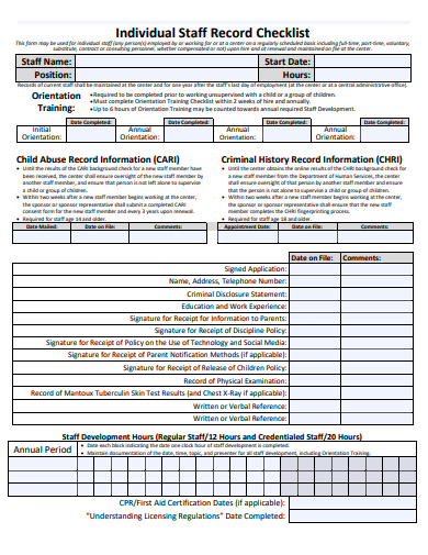 individual staff record checklist template