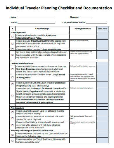 individual traveler planning checklist and documentation template